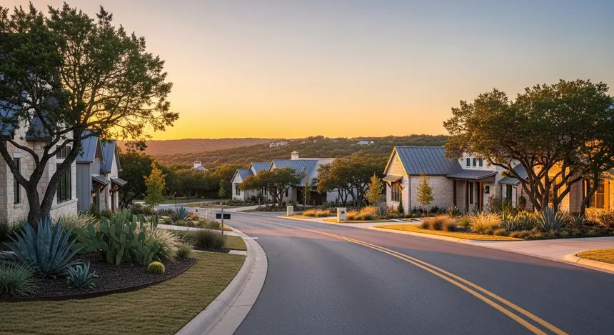 Sunset over La Ventana street in Driftwood, TX — Hill Country homes lining a quiet road with native landscaping