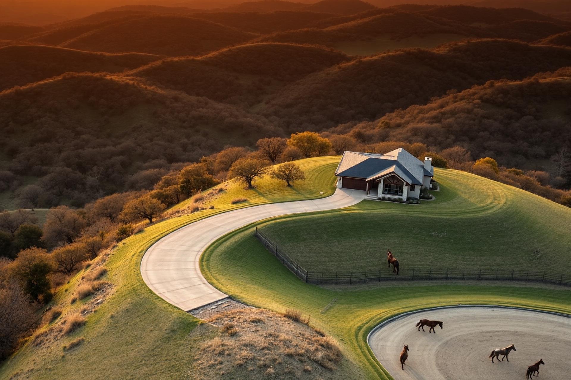 Texas Hill Country luxury acreage estate in Driftwood at golden hour